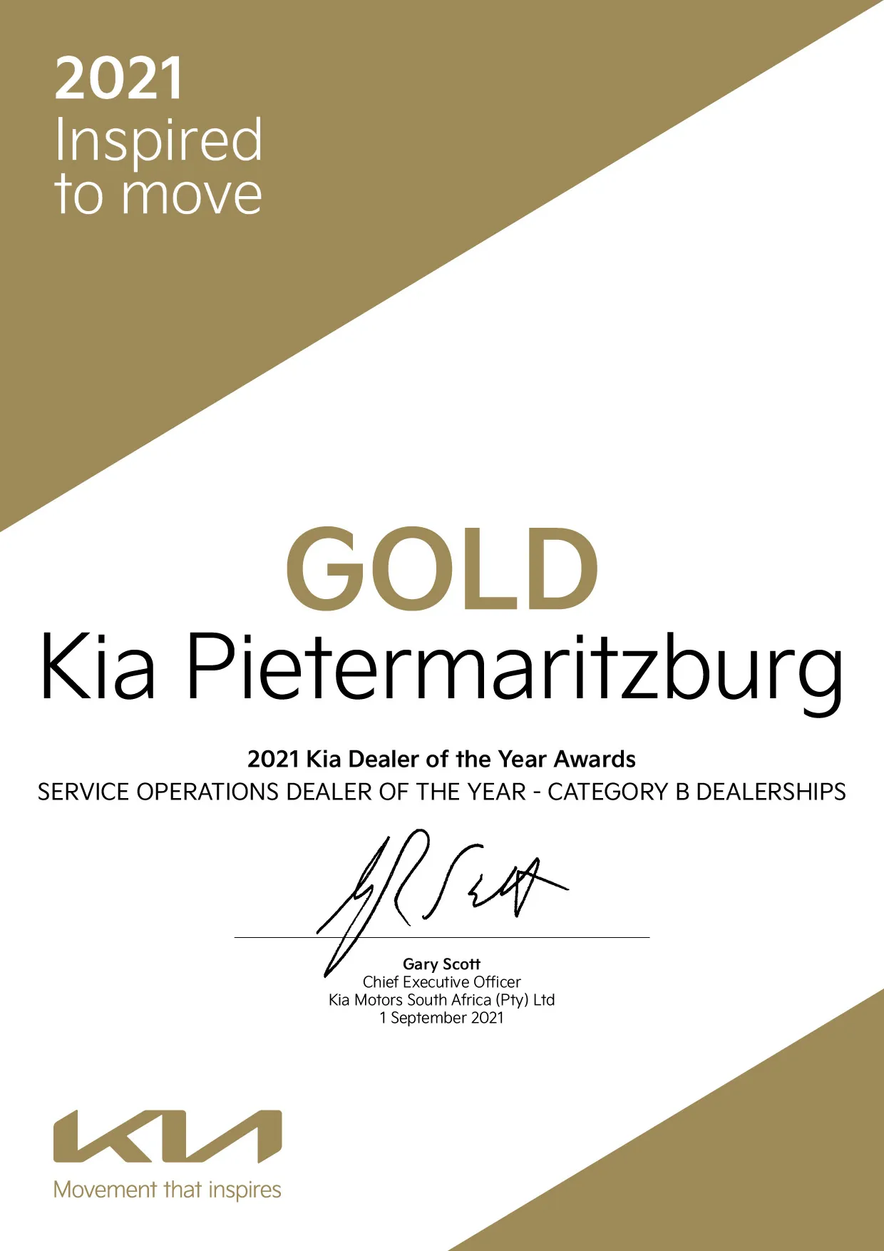 Gold Certificate KIA PMB