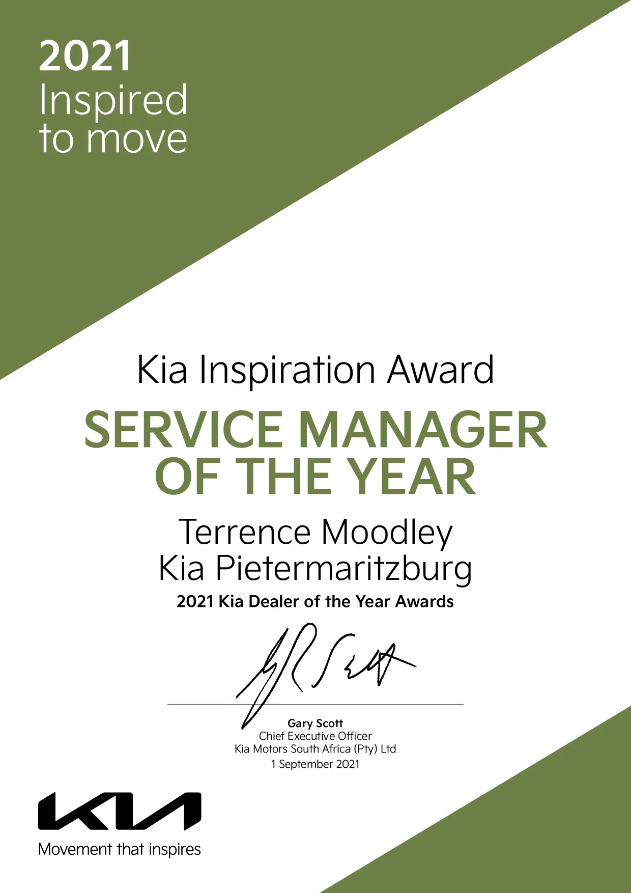 Service Manager Of The Year Certificate KIA PMB